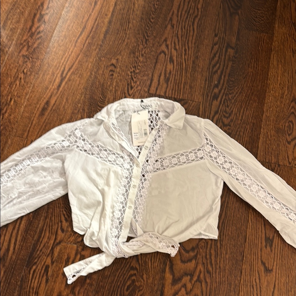 White Lace-Trim Button Front Blouse with Tie